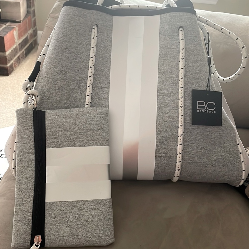 BC Handbags Neoprene Grey and White bag with wristlet/small clutch included